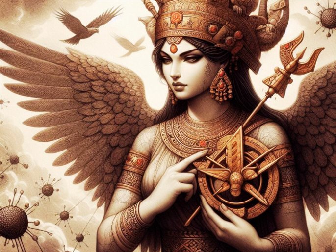 Diosa guerrera Isthar representada con el anillo y el caduceo