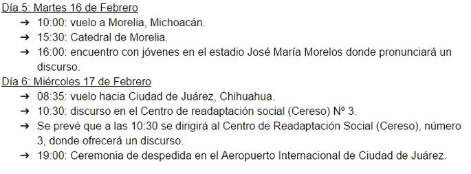 itinerario papa méxico 2