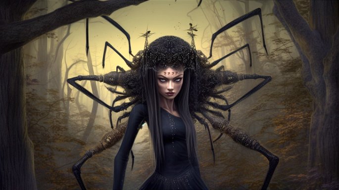 Mujer con cuerpo de araña y un bosque al fondo
