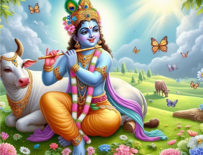imagen creada por Ia de Krishna junto a una vaca sagrada
