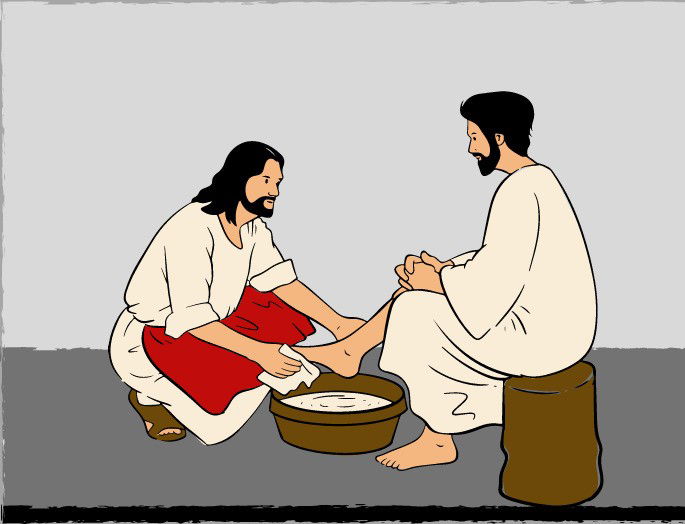 Lavatorio de pies: Jesús humilde lava los pies a uno de sus apóstoles