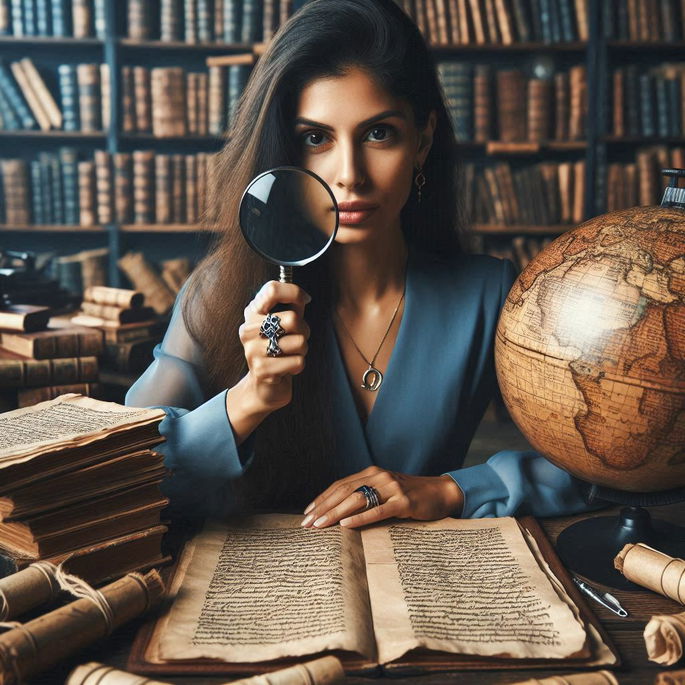 Lingüísta investigando un libro en biblioteca