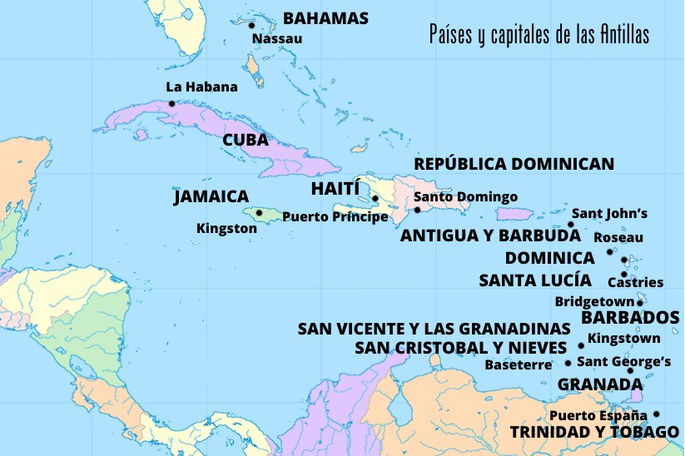 Mapa político de las Antillas, a colores y con los nombres de las capitales