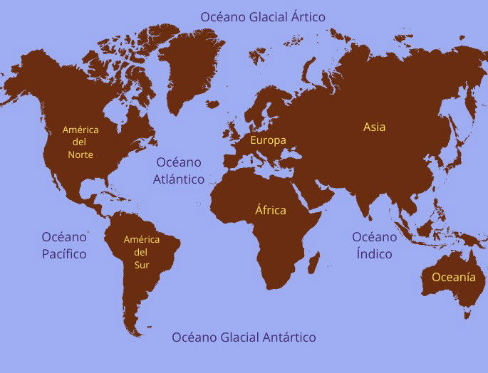 mapa con los cinco continentes en español