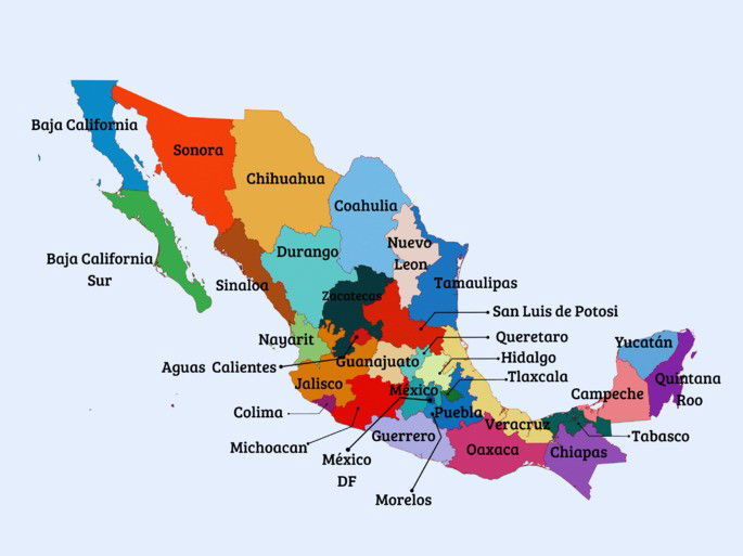 Mapa político de México con el nombre de los 32 estados