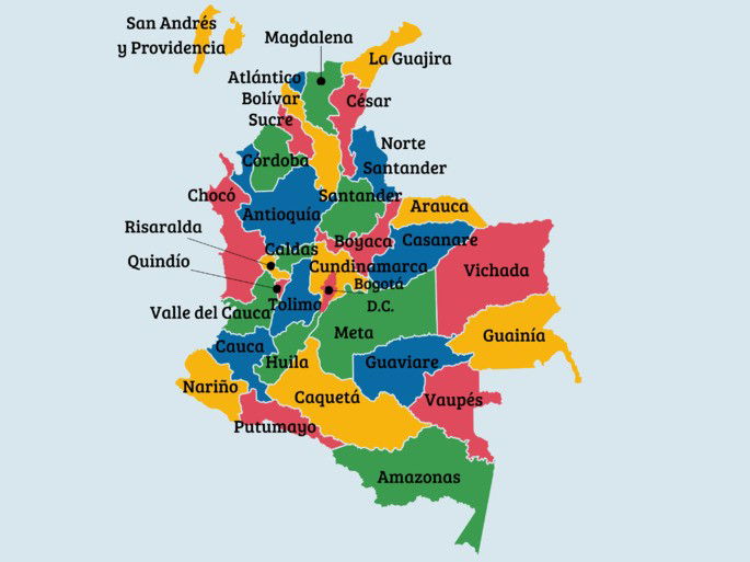 Mapa político de Colombia con departamentos