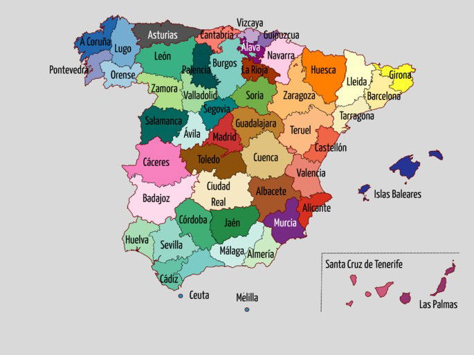 mapa político de España con el nombre de sus provincias