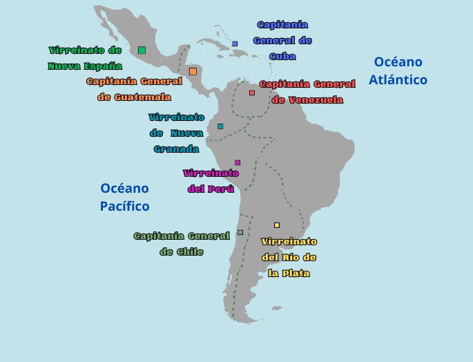 Mapa de los virreinatos de América en siglo XVIII