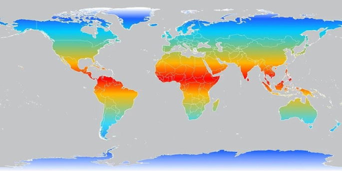 Mapamundi que muestra las diferentes regiones climáticas, frías y cálidas