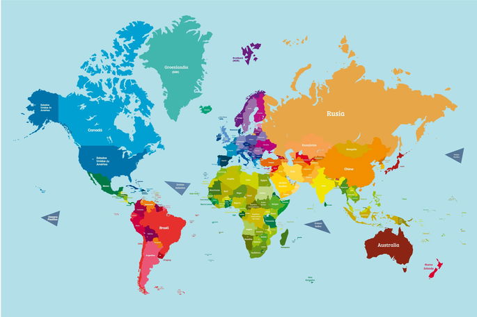 Mapa del mundo (mapamundi) con países en colores y nombre de cada uno