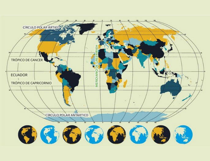 Mapamundi que muestra paralelos y meridianos