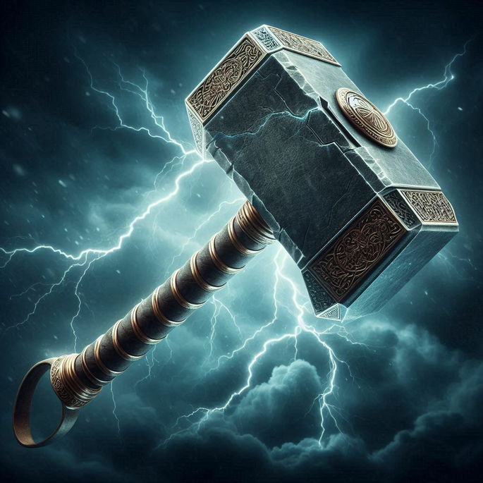 Mjölnir sobre piedra y cielo tormentoso