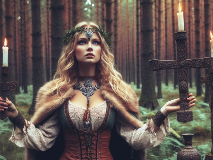 Mujer vikinga práctica espiritual en un bosuqe
