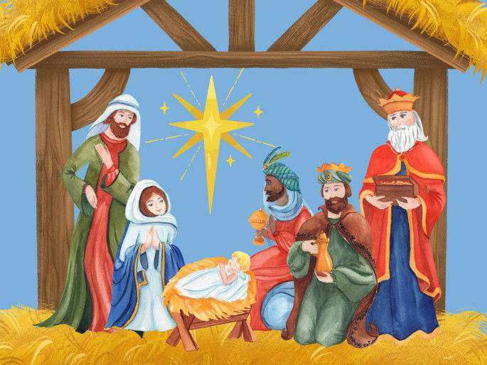 Navidad: nacimiento de Jesús en el pesebre junto a María, José y los Reyes Magos