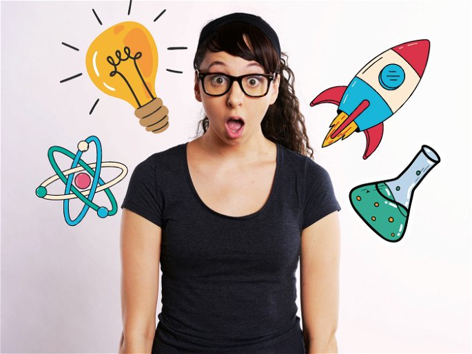 chica nerd con objetos científicos alrededor