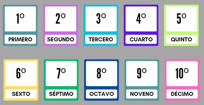 Números ordinales del 1 al 10 con colores