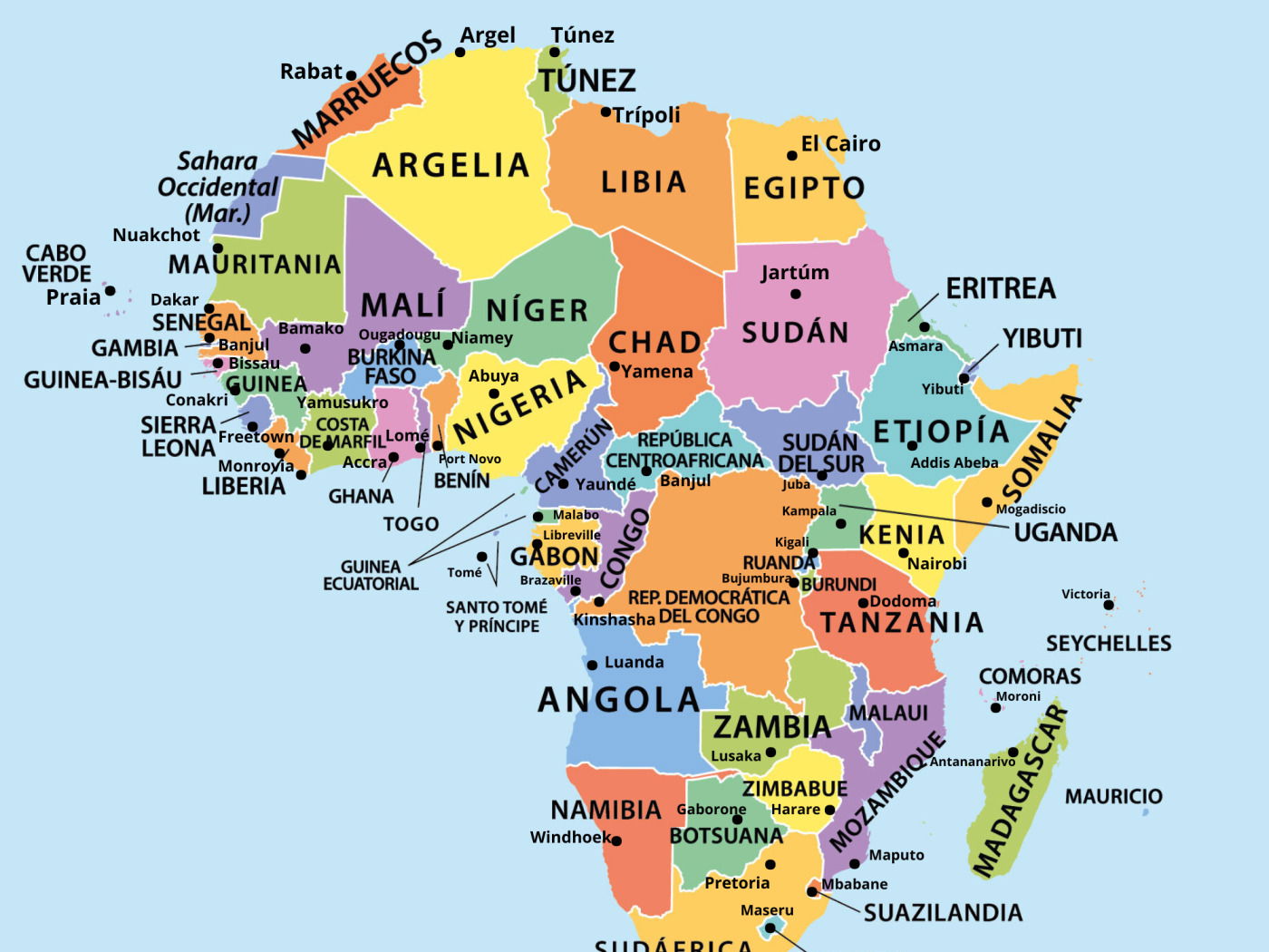 Países de África y sus capitales (listado completo y mapa con nombres ...