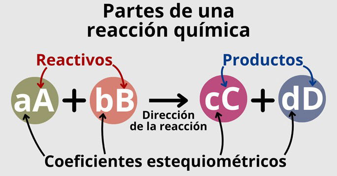 Partes de una reacción química: los reactivos, productos, coeficientes estequiométricos y la dirección de la reacción