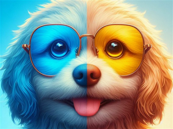 perro con gafas en colores azul y amarillo