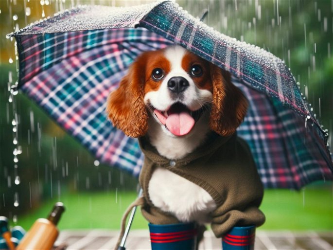 Perro con paraguas y botas de agua bajo la lluvia