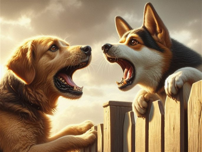 Perros ladrándose por encima de una valla