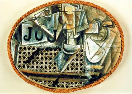 collage: Naturaleza muerta con silla de rejilla (Picasso)