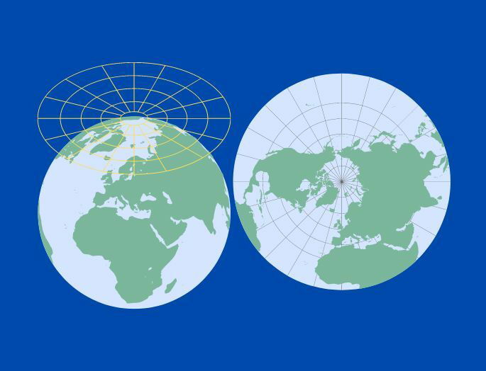 Planisferio de proyección acimutal polar sobre fondo azul oscuro