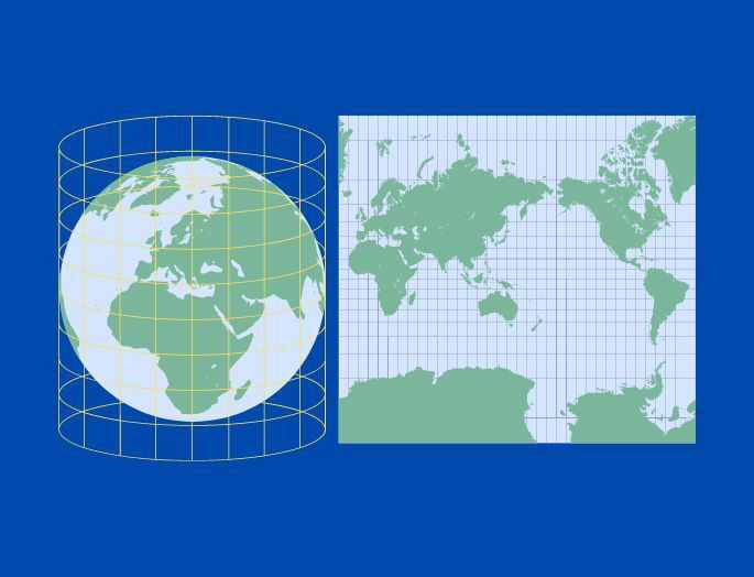 Planisferio de proyección cilíndrica sobre fondo azul oscuro