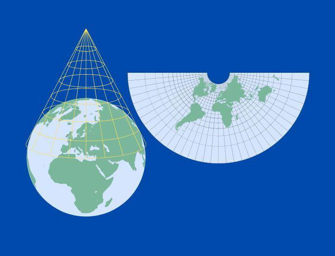 Planisferio de proyección cónica sobre fondo azul oscuro