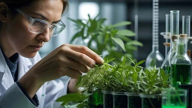 Química en laboratorio con plantas, ensayando el uso de fertilizantes