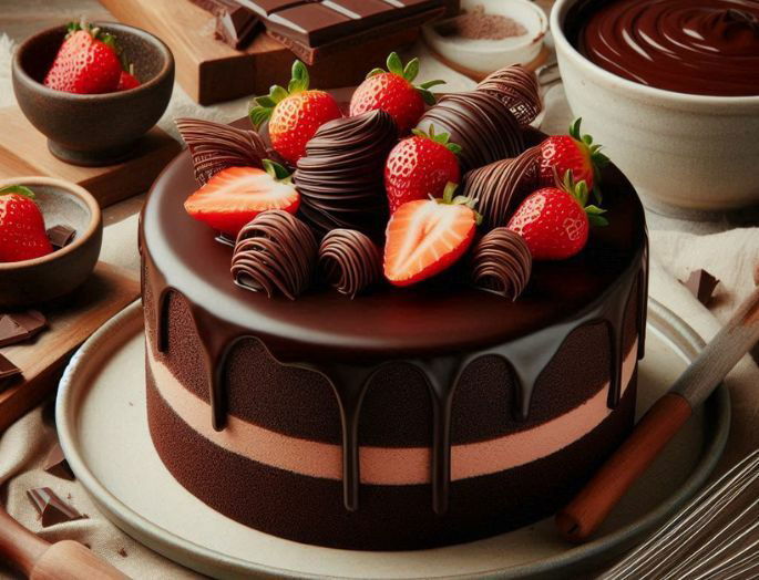 Imagen creada por IA de un pastel de capas con cobertura de chocolate y fresas