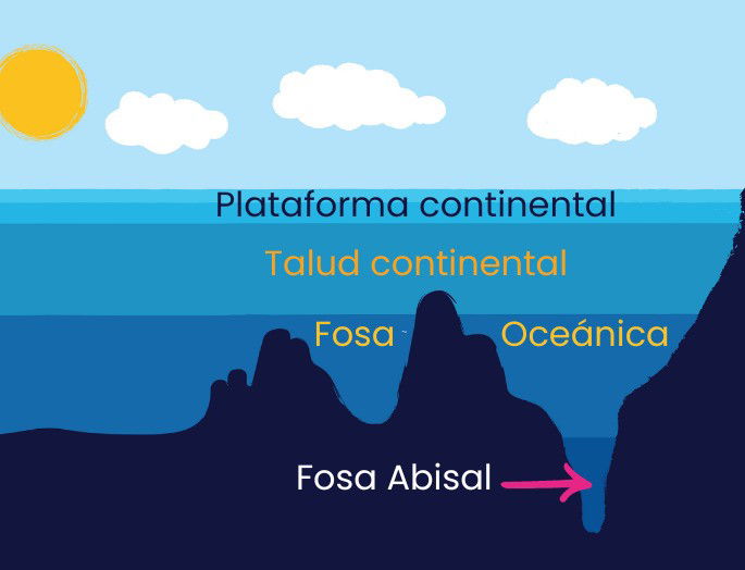 dibujo con diferentes relieves oceánicos o sumergidos en tonos azules y con nombres