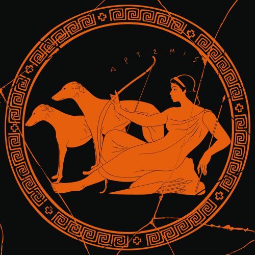 Dioses griegos: Ártemis junto a sus perros sosteniendo el arco