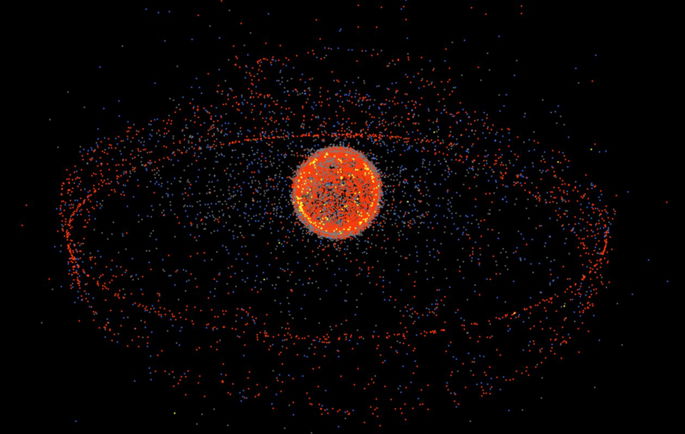 Representación aproximada de satélites artificiales orbitando la Tierra.