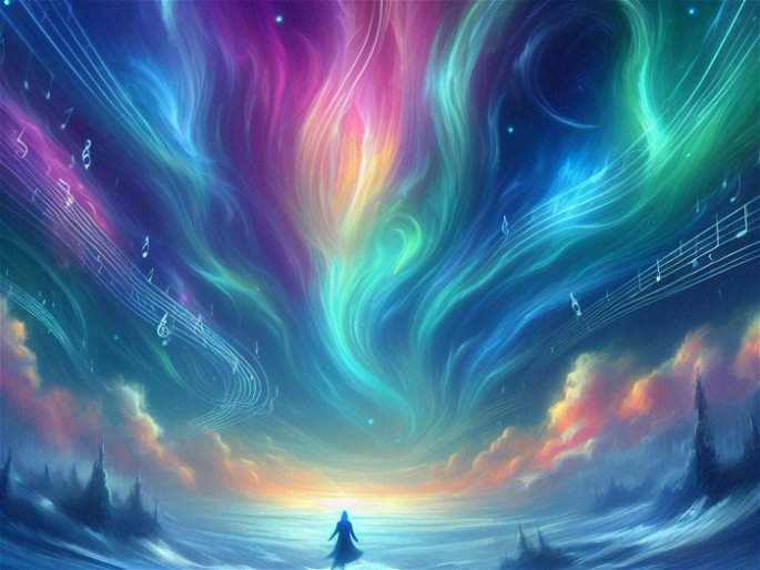 aurora boreal con signos musicales que representan su sonido