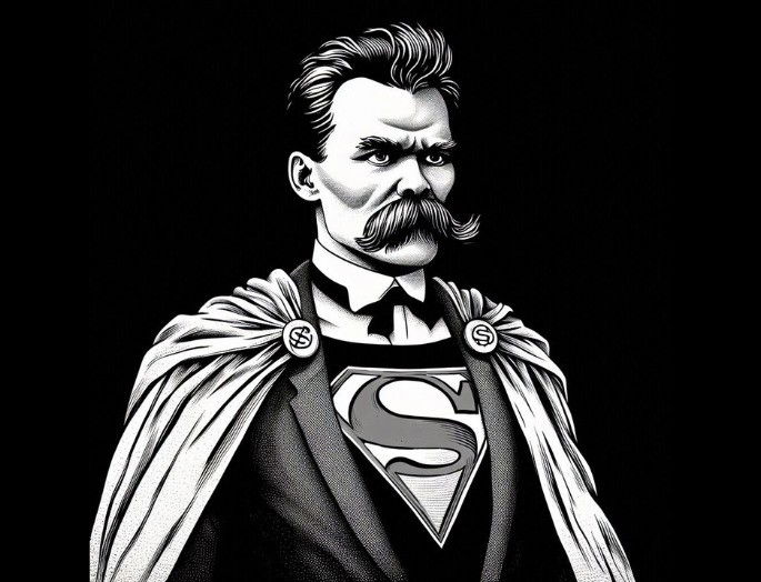 Imagen creada por AI de Friedrich Nietzsche con traje de superhéroe
