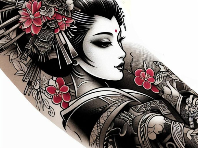 tatuaje de geisha en colores rojos y negros