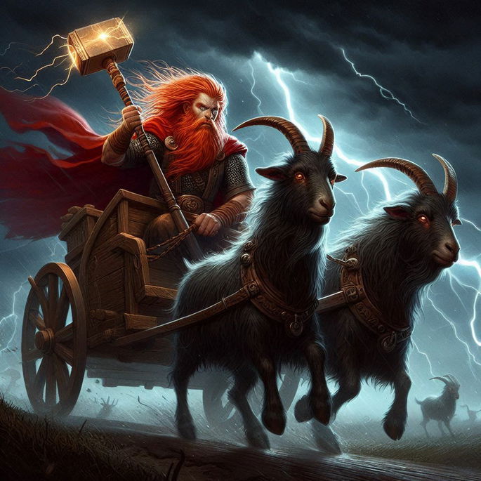 Thor (dios nórdico) en carro sobre cielo tormentoso