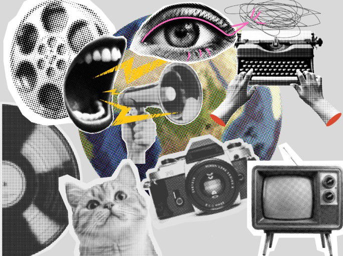 underground: collage de símbolos culturales del siglo XX (música, cine, televisión, etc.)