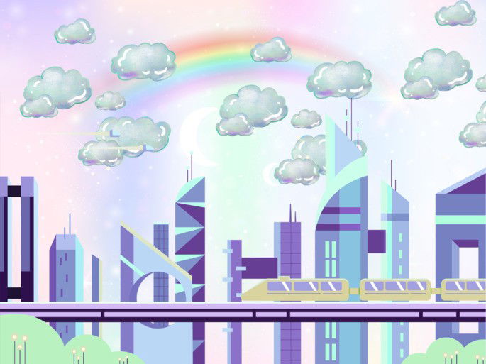 utopía: ciudad ideal sobre fondo de colores iridiscentes