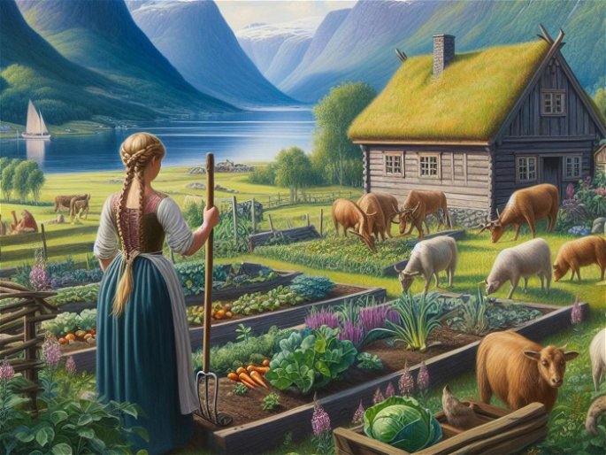 mujer vikinga trabajando su huerto y cuidando sus animales