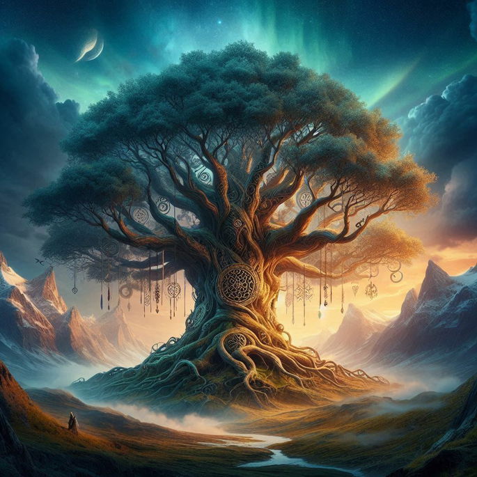 Yggdrasil, árbol que sostiene el cosmos en la mitología nórdica, sobre fondo oscuro
